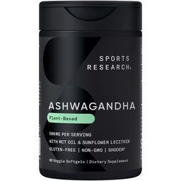 Sport Research® Ashwagandha Softgels Coconut MCT Oil - Natural Adaptogen Valmistatud Shoden® Ashwa lõõgastamiseks, Calm & Sleep Support - Gluten Free & Vegan Friendly - 60 Count