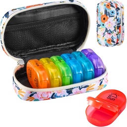 Serfeymi Weekly Travel Pill Korraldaja 2 korda päevas PM Täiustatud Vikerkaar Pill Box 7 päeva kaasaskantav Zipper Canvas Pill Case, meditsiin Korraldaja pillid, vitamiinid, kalaõlid - Bloom 01