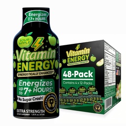 Vitamiini energia treening + ekstra tugevus energia Shot Hapu Apple 48 Pack, 260mg looduslik kofeiin, Pre-Workout, B-vitamiinid, mineraalid, vastupidavus ja jõudlus, null suhkur, gluteenivaba, Vegan, 1.93 fl oz