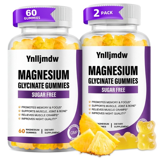 (2 Pack) Magneesium Glütsinaat Gummies 500mg, suure imendumisega magneesiumi lisand kaltsiumi ja vitamiinidega, tugiluu, lihased, öö, mälu ja meeleolu, vegan, mitte-GMO, 60 loendit, ananassimaitse