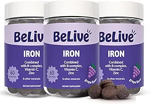 BeLive Raudkummid - Multivitamiini raualisand C-, A-, B- ja tsink-vitamiiniga, toetab vere hapnikku, veganilisandeid naistele, meestele ja lastele kasvuks ja arenguks - viinamarjamaitse | 3-Pack