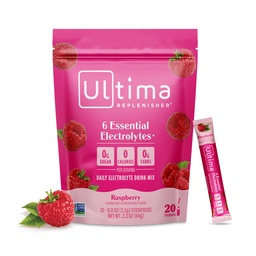 Ultima Replenisher Daily Electrolyte Powder Drink Mix – Sugar Free – Vaarika, 20 Stickpacks – Hüdratsioonipaketid 6 võtmega elektrolüütide ja mikromineraalidega – Keto Sõbralik, Vegan, Non-GMO