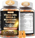 Vitamiin D3 5000iu(125mcg) + Vitamiin K2(MK7) Vetika Omega 3 | Maksimaalne tugevus Vitamiin D3+K2 | luude, hammaste, energia, immuunsuse, kaltsiumi imendumine - vegan, suhkruvaba, 120Ct