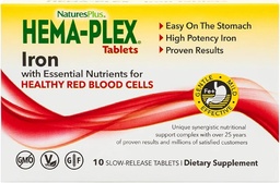 NaturesPlus Hema-Plex Raud - 10 aeglaselt vabastavat tabletti - 85 mg kelaaditud rauda - üldine vere tervis - C-vitamiini ja bioflavonoididega - vegan, gluteenivaba - 10 serveerimist