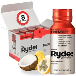 Ryde: Energize Shot | Troopiline maitse | Roheline tee kofeiin, tauriin, ženšenniekstrakt ja B-vitamiinid | 0 kalorit, 0 suhkur | 2 FL OZ-kaadrid | Suurendab energiat * (8 Pack)