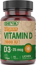 DEVA Vegan Vitamiin D3 täiendus - Üks kord päevas tablett 1000 RÜ - Kolekaltsiferool - Samblikutaim Tuletatud - 90 väikest tabletti