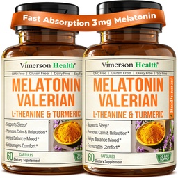 Melatoniin Sleep Aid koos L Theanine & Valerian Juur - Kurkum täiendus - Kurkum kurkumiini Ginger & Black Pepper - L-Theanine & Melatoniin 3mg Sleep, Calm and Stress Relief - 2 Pack