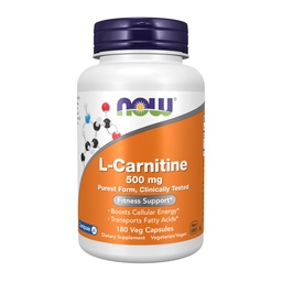 NOW Foods Supplements, L-karnitiin 500mg, puhas vorm, Aminohape, Fitness Support *, 180 Veg kapslid
