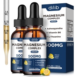 (2 Pack) Magneesiumglütsinaat, tsitraat, malaatvedel tilgad-kolmekordne magneesiumi kompleks 500mg koos ashwagandha, L-Theanine, vitamiin B6-toetusrahu, stressi leevendamine, uni, lihas-sidrunimaitse