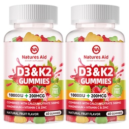 Loodused Aid Suhkruvaba D3 K2 Vitamiin Kummid Kaltsium + K2 (MK-7), Magneesiumtsitraat, C-vitamiin, ekstra tugevus - Ultimate Absorbtion Luu lihashammaste Immune, Vegan - 120 Gummies