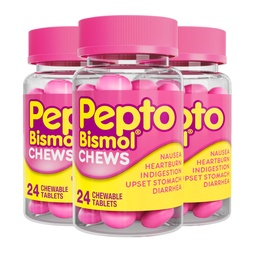 Pepto Bismol Chews, Kiire ja efektiivne seedetrakti leevendus iiveldusest, kõrvetised, seedehäired, upset kõht, kõhulahtisus, 72 Kokku (3 pakendit 24)