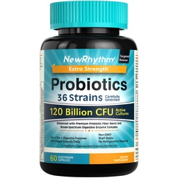 NewRhythm probiootikumid 120 miljardit CFU 36 tüved, 3-in-1 probiootikumid prebiootikumide ja ensüümidega, probiootikumid naistele ja meestele, Vegan Sihtotstarbeline Vabastuslisand, 60ct