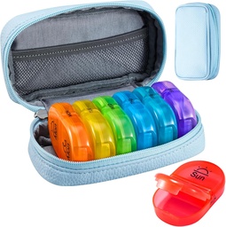 Serfeymi Weekly Travel Pill Korraldaja 2 korda päevas PM Täiustatud Vikerkaar Pill Box 7 päeva kaasaskantav Zipper PU Nahk pillid juhul, meditsiin Korraldaja pillid, vitamiinid, kalaõlid - Blue 01