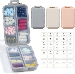 LANDNEOO 14 Grids Pill Organizer Box koos etikettidega, Travel Medic Holder Dispenser Case Kit, Pocket Daily Pharmacy Container Fish Oil Vitamin Supplement Storage, Khaki Pink Grey, 3 Pack