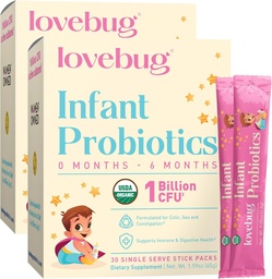LOVEBUG Imiku probiootikumid 0-6 kuud - USDA orgaanilised probiootikumid imikutele, toetab beebigaasi, kollast, kõhulahtisust ja vastsündinud kõhukinnisust, allergeeni ja suhkruvaba, maitsetu pulber, 60 pakendit