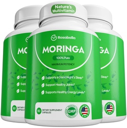 Rosabella Moringa kapslid - Pure Moringa pulber, energia, nahk, immuun- ja soolestiku tervis Superfood, rikkad antioksüdandid, olulised vitamiinid ja aminohapped, looduslik roheline Superfood Supplement - 180 Count