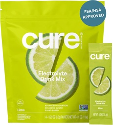Cure Hydration | Plant-Based Electrolyte Drink Mix | No Add Sugar | FSA-HSA | Dehüdratatsiooni leevenduspulber valmistatud kookosvesi | Non-GMO | Vegan | Pouch of 14 Packs - Lubja