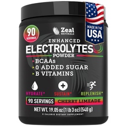 Zeal Naturals Electrolyte Powder Recovery Drink (90 Servings | Cherry Limeade) w 0 Sugar +BCAAs + B-vitamiinid Elektrolüütlisand w kaaliumtsink & magneesium hüdreerimiseks - Ketoelektrolüüdid
