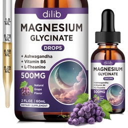 Magneesiumglütsinaat Vedelik tilgad 500mg, vitamiin B6, Ashwagandha, L - Theanine, kummel, magneesiumglütsinaadi lisand Suur neeldumine une, stressi, energia, meeleolu - viinamarjamaitse, 2 FL.OZ