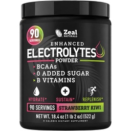 Zeal Naturals Electrolyte Powder Recovery Drink (90 Servings | Maasikas Kiwi) w 0 Suhkur +BCAAs + B-vitamiinid Elektrolüütlisand w kaaliumtsink & magneesium hüdreerimiseks - Ketoelektrolüüdid