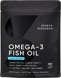 Sport Research Triple Tugevus Omega 3 Kalaõli - Burpless Fish Oil Supplement w / EPA & DHA Rasvhapped Wild Alaska Pollock - Heart, Brain & Immune Support meestele ja naistele - 1250 mg, 240 ct
