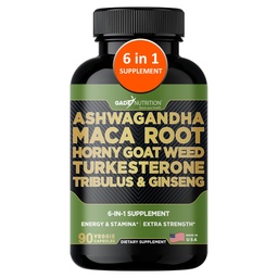 Gade Nutrition Ashwagandha koos Maca juurega, Horny Goat Weed, Turkesterone Supplement, Tribulus Terrestris, Panax Ginseng | 90 köögiviljakapslit energia, vastupidavuse, jõudluse jaoks. | Valmistatud USA-s