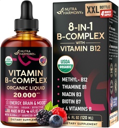 USDA orgaaniline B-vitamiini kompleks B5 pantoteenhape | B12 metüülkobalamiin | B1 tiamiin | B6 püridoksiin | B7 biotiin | B9 foolhape | B3 Niatsiinamiid - B komplekssed vedelad tilgad, valmistatud USA täiendus, 4fl oz