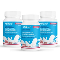 Milkaid Lactase Enzyme närimistabletid laktoositalumatuse leevendamiseks | Ennetab gaasi, puhitust ja kõhulahtisust | Kiire toimega piimaseedetrakti täiendus (360 tabletti, vaarika)