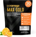 Coromega MAX Gold 3000mg Omega-3 kalaõli + D-vitamiini pressitud pakendid, looduslikult püütud, kala maitset ei ole - 3X parem imendumine kui pehmed, toetab aju ja südame tervist (30 serveerimist, oranž maitse)