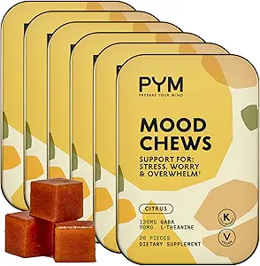 PYM Citrus Mood Chews Toetus Stress, Mure & Overwhelm, 120 Count | 130mg GABA, 90mg L-Theanine | Vegan, Non-GMO, Gluteenivaba, No Added Sugar | All Natural Mood Balance Supplement Made in USA