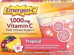 Emergen-C 1000mg C-vitamiini pulber, antioksüdandid, B-vitamiinid ja elektrolüüdid, C-vitamiini lisandid immuunsuse toetamiseks, kofeiinivaba Fizzy joogi segu, troopiline maitse - 30 Count/1 kuu pakkumine