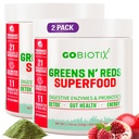 GOBIOTIX Super Greens and Reds Powder - Red and Green Superfood - Probiootiline täiendus - Seedeensüümid ja peedi juurepulber - Orgaaniline kogu toidu toidulisand (Pom Vaarika, 2 Pack)