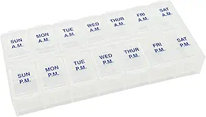 Ezy Dose Weekly 7-päevane AM / PM Pill Korraldaja, Vitamiin Case and Medicine Box, Keskmised komponendid kaks korda päevas annustamiseks, looduslik värvi disain, lihtne avatud kaaned, kaasaskantav ja ideaalne kodus või reisil kasutamiseks
