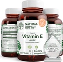 Natural Nutra Vitamiin E 400 IU täiendus, rikastada tervist toitaineid, edendab naha tervist, parandab juuste ja küünte kasvu, toetab keha rasva taset, aitab südame tervist ja kaitseb naha tekstuuri, 60 pehmet geeli