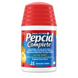 Pepcid Complete Acid Refluks + Antacid for Acid Refluks , 10 mg Famotidine , 800 mg Kaltsiumkarbonaati & 165 mg Magneesiumhüdroksiidi kõrvetiste tableti kohta , Antacid Chews , Tropical Fruit , 25 ct
