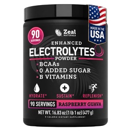 Zeal Naturals Electrolyte Powder Recovery Drink (90 Servings | Vaarika Guava) w 0 Suhkur +BCAAs + B-vitamiinid Elektrolüütlisand w kaaliumtsink & magneesium hüdreerimiseks - Ketoelektrolüüdid