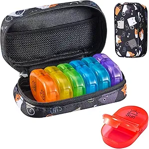 Serfeymi Weekly Travel Pill Korraldaja 2 korda päevas PM Täiustatud Vikerkaar Pill Box 7 päeva kaasaskantav Zipper Canvas Pill Case, Meditsiini Korraldaja Pillid, Vitamiinid, Kalaõlid - Black 02