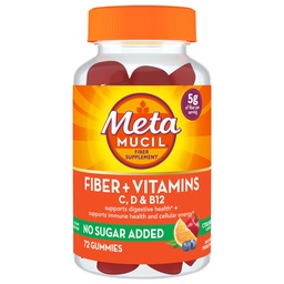Metamucil Fiber Suplement 72 Gummies, Fiber + Vitamiinid C, D & B12 ei ole lisatud suhkrut, Toetage Seedetrakti Healt + Toetage Immuuntervise, tsitrusmarjamaitse.