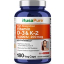 NusaPure Vitamiin K2 (MK7) (200mcg) + Vitamiin D3 (10000 IU) 180 Veg Caps - Bioperiin, Sojavaba, Non-GMO