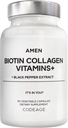 Amen Biotiin Kollageen Vitamiinid + 10 000 mcg Biotiini Täiendus - Hüdrolüüsitud Kollageen, Vitamiinid C & E, Folaat, Hüaluroonhape, Keratin, MSM, Saw Palmetto - 3-kuuline Tarne - Mitte-GMO - 90 kapslit