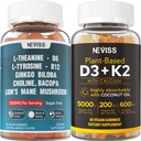 NEVISS Sugar Free L-Türosiin L-Theanine Gummies 120 loeb + Sugar Free D3 5000IU K2 Gummies 120 Loeb