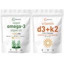Mikrokoostisosad Vitamiin D3 5000iu + K2 100mcg Softgels & Vegan Omega 3 vetikaõli Täiendus Bundle 2 Pack | Essential Sunshine Vitamins | Omega-3 Full Spectrum Alternatiiv kalaõlile