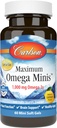 Carlson - Maksimaalne Omega Minis, 1000 mg Omega-3s, Südamefunktsioon, Aju tugi ja tervislik vananemine, Sidrun, 60 Mini Softgels