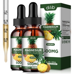 (2 Pack) Magneesiumglütsinaadi lisand, vedelik Magneesium Glütsinaat Vedelik tilgad 500mg-toetavad stressi leevendamist, lõdvestumist, meeleolu, une, luu ja lihaseid-4 Fl Oz, Vegan, ananassimaitse