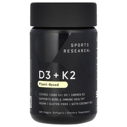 Sport Research Vitamiin D3 K2 Softgels - Taimne K2 & Vegan D3 5000iu koos kookospähkli MCT õli - Vegan Certified, Soja & Gluteenivaba - 120 Count