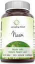 Amazing India Neem (Made with Natural Neem Leaf) Supplement | 500 Mg | 120 Veggie kapslid | Non-GMO | Gluteenivaba | Valmistatud USAs
