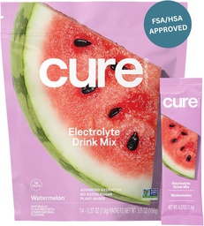 Cure Hydration | Plant-Based Electrolyte Drink Mix | No Add Sugar | FSA-HSA | Dehüdratsioon Relief Pulber valmistatud kookosvesi | Non-GMO | Vegan | Pouch of 14 Packs - Arbuus