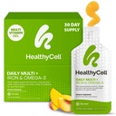 Healthycell Vegan Daily Multivitamiini Vedelik Täiendus Raud ja Omega-3, 25 + Olulised Vitamiinid, Mineraalid Ja Toitained Aju Ja Südame Terviseks, Immuunsüsteemi Toetus Ja Energia - 30 Gel Packs