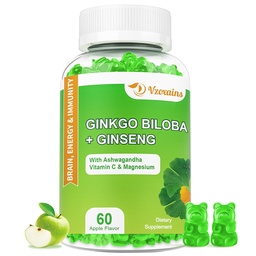 240MG Ginkgo Biloba Gummies koos ženšenni ja magneesiumiga, Ginko Biloba Toidulisandid Aju fookuse, meeleolu ja mälu täiskasvanutele, 60 Cts