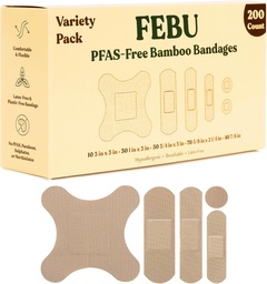 FEBU Eco-Friendly Bamboo Fabric Bandages | PFAS Free Bandages for Scraps & Cuts | Flexible Fabric Bandage | Fully Compostable, Latex Free Bandage | 200 Count Bulk Variety